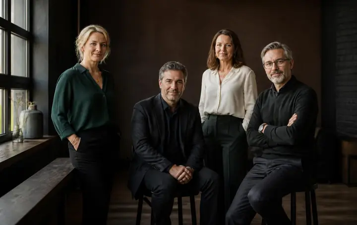 Vier ervaren salesprofessionals van Exclusive Sales Academy in een warme zakelijke setting